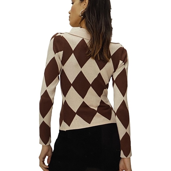 NWOT NASTY GAL Clueless Harlequin Print Fitted Polo Argyle Preppy Knit Sweater M - Picture 2 of 15